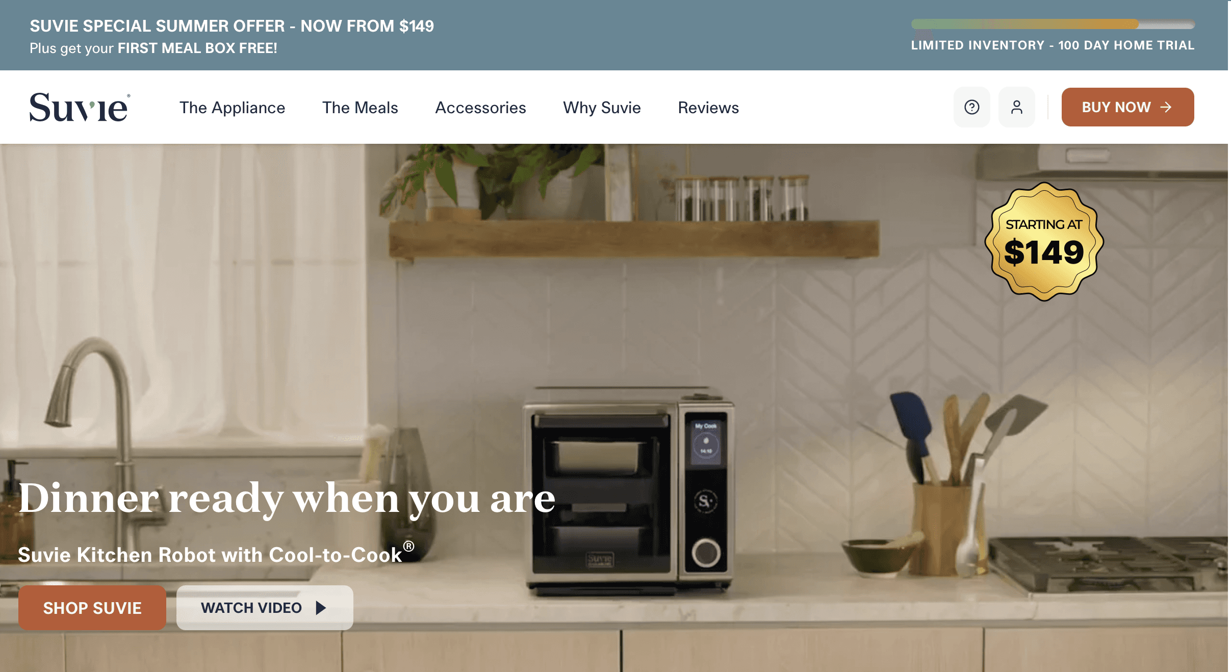 Suvie Kitchen Robot homepage showing scheduled smart cooking system