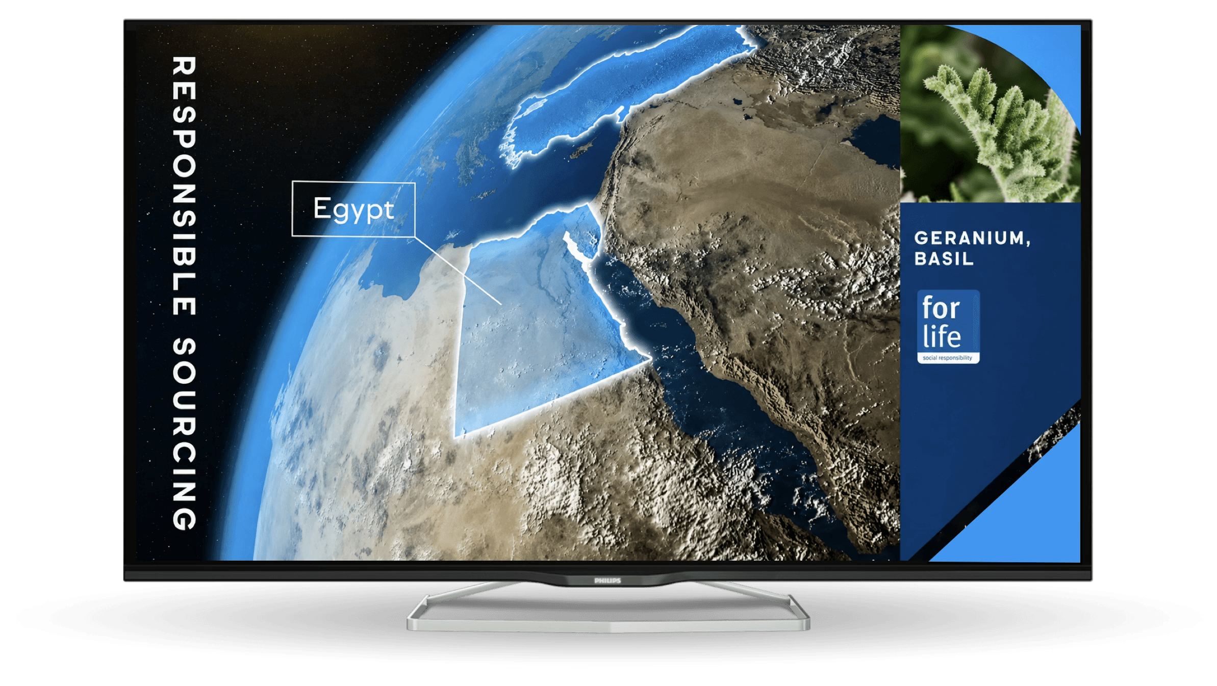 Responsible sourcing video still (Egypt) on a flat screen TV