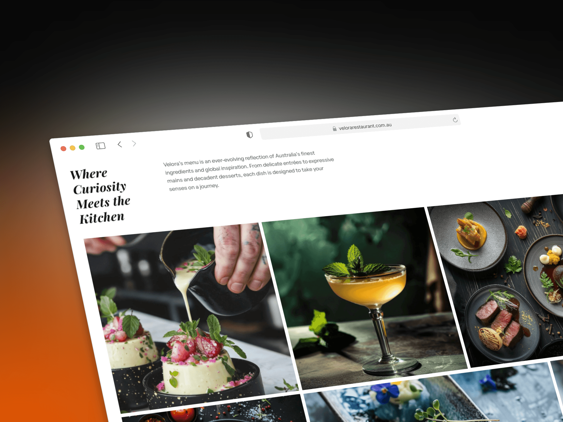 Two side-by-side laptop screens: one displaying the interior design of the restaurant, the other showing a colourful, grid-style food menu layout.