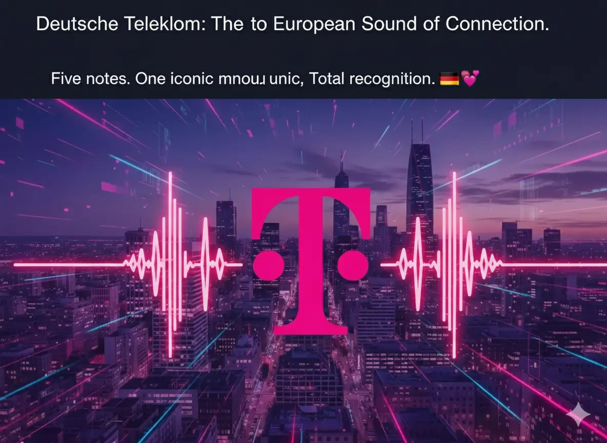 The bold magenta T-Mobile 'T' logo dominates a futuristic city skyline at night, glowing with vibrant pink sound waves and musical notes. This symbolizes the powerful and recognizable sonic branding of Deutsche Telekom in a connected urban landscape.