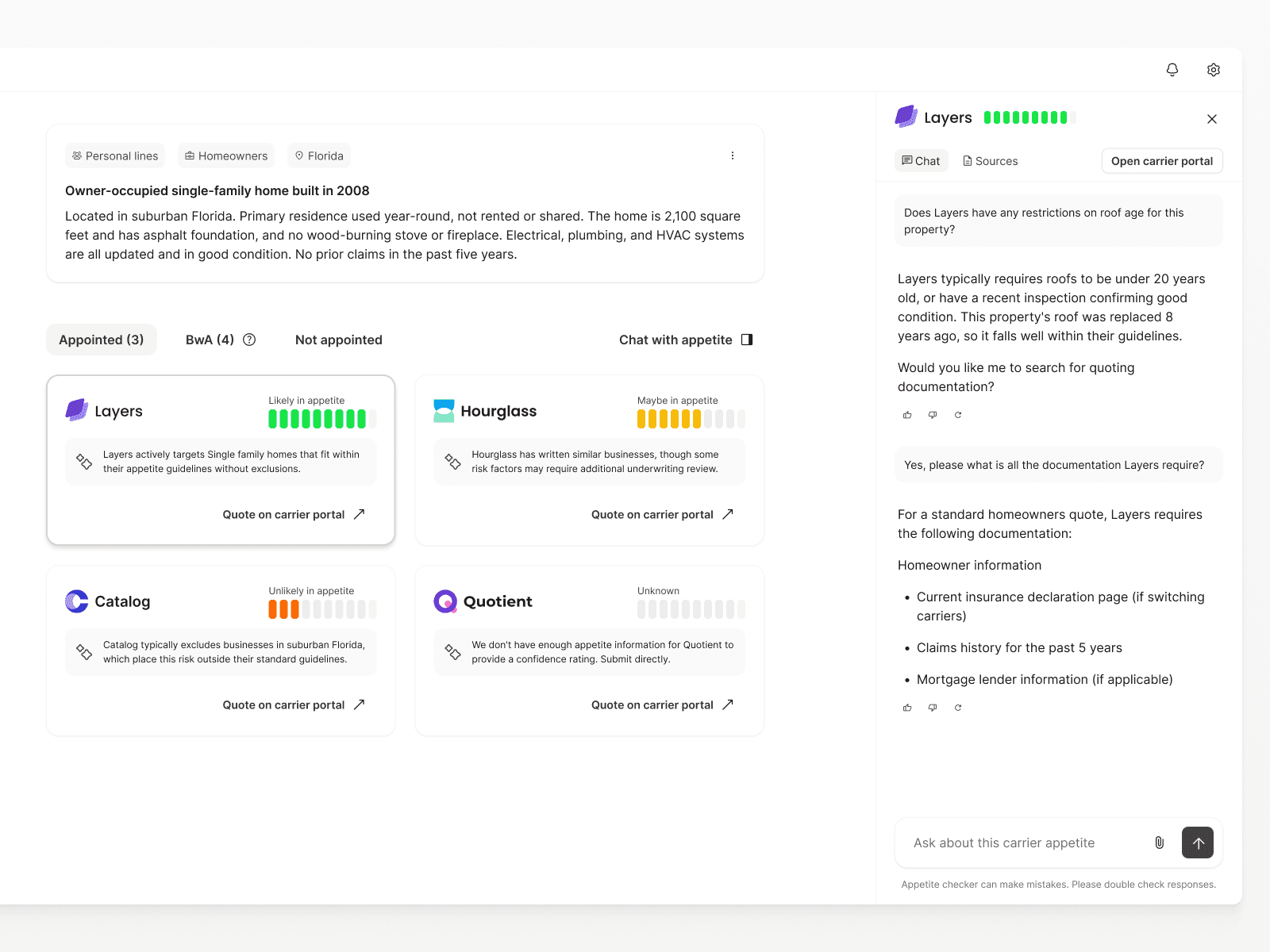 Appetite Checker results ranking carriers Layers, Hourglass, Catalog and Quotient, with a chat panel on Layers' requirements
