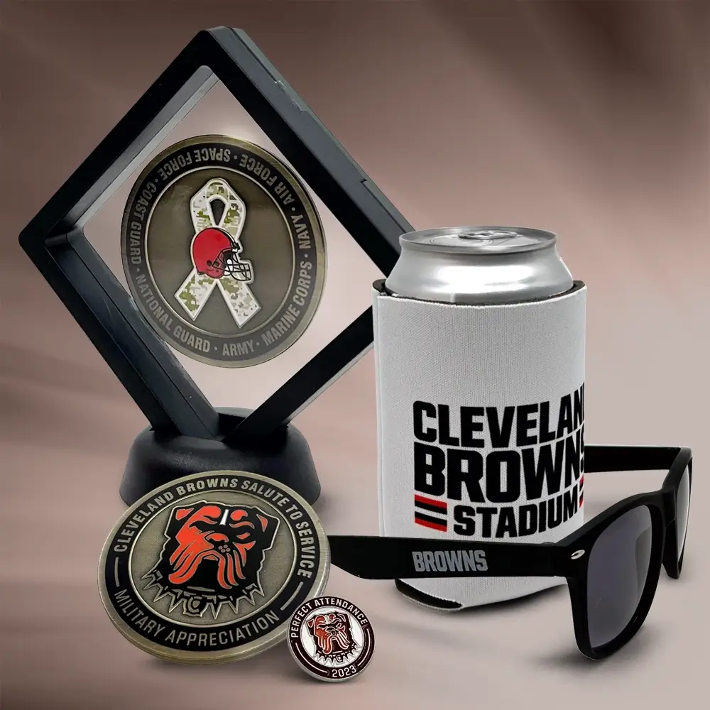 From custom can koozies to commemorative coins for military veterans, the Cleveland Browns create excitement among fans and employees with unique, branded promotional products.