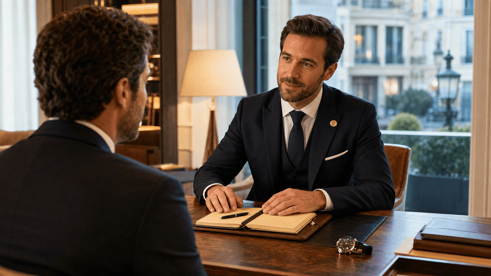 Conciergerie de luxe : échange confidentiel entre client et concierge dans un salon premium
