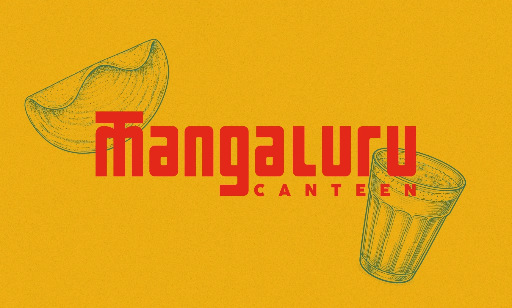 The red Mangaluru Canteen wordmark on yellow, flanked by green line illustrations of a folded dosa and a glass of cutting chai.