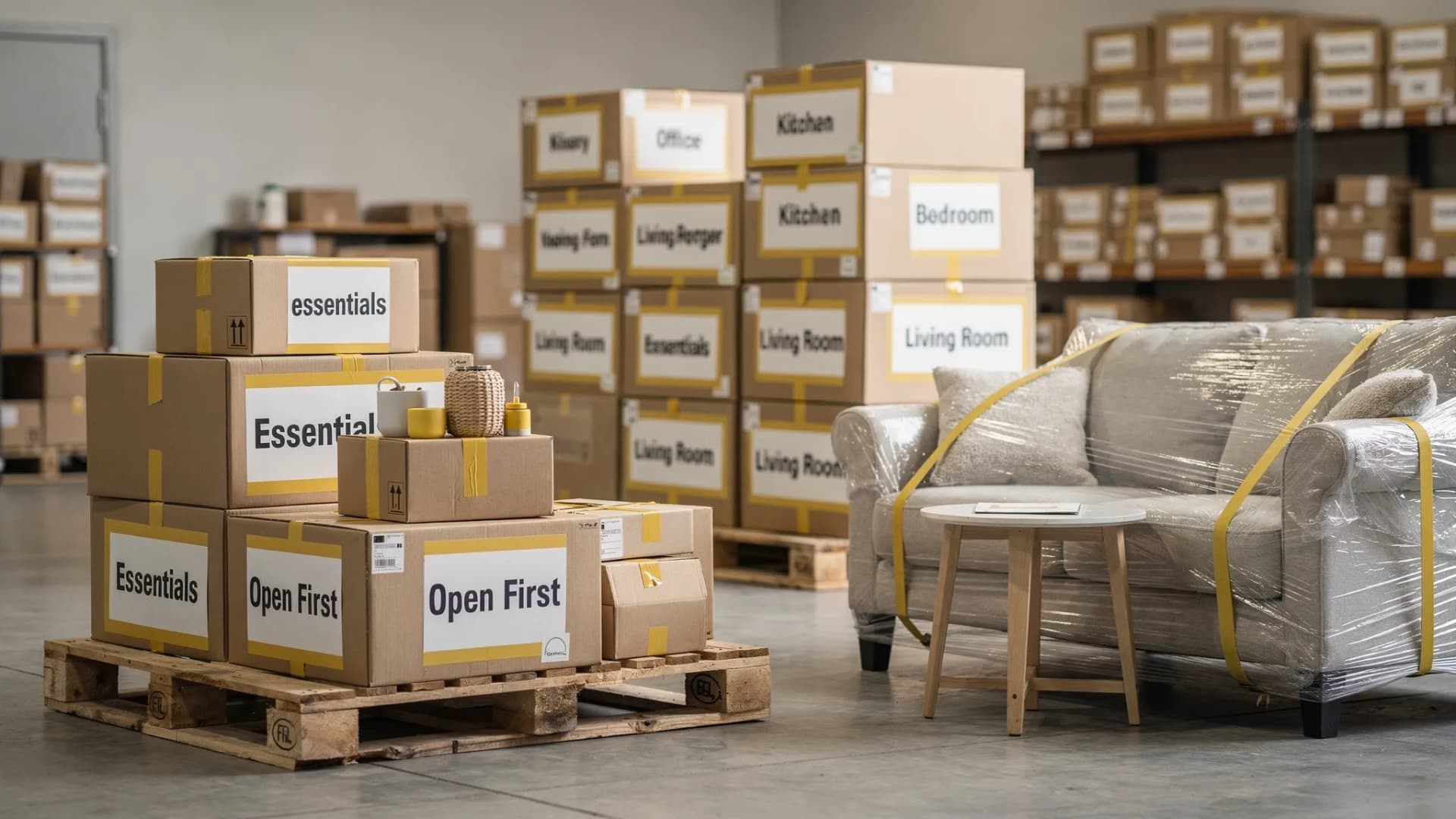 A neatly organized storage area with labeled moving boxes stacked on pallets, a few wrapped furniture pieces, and a simple “essentials” pile separated and clearly marked for immediate access.