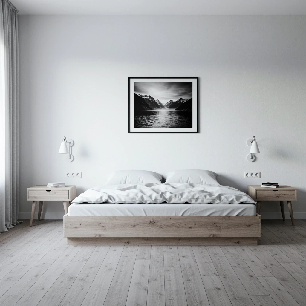 Minimalist Scandinavian bedroom with light wood flooring, a simple platform bed, white bedding, neutral tones, and a black-and-white mountain photograph adding a calm, balanced aesthetic.