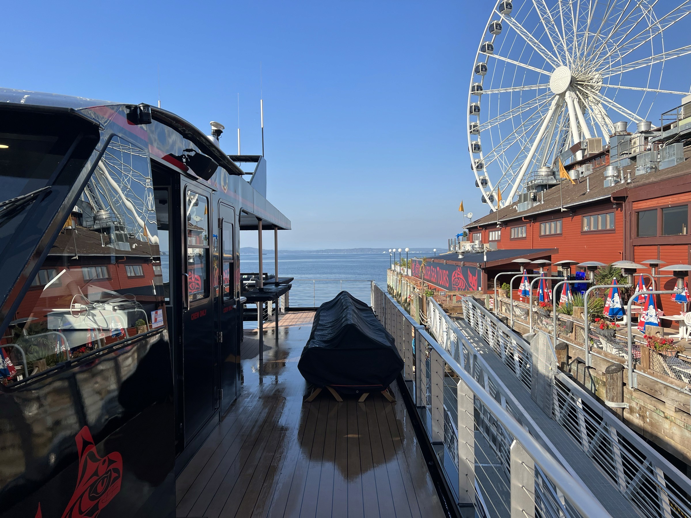 The Salish Sea Tours vessel alongside Pier 57 on Elliott Bay with the Seattle Great Wheel behind it.
