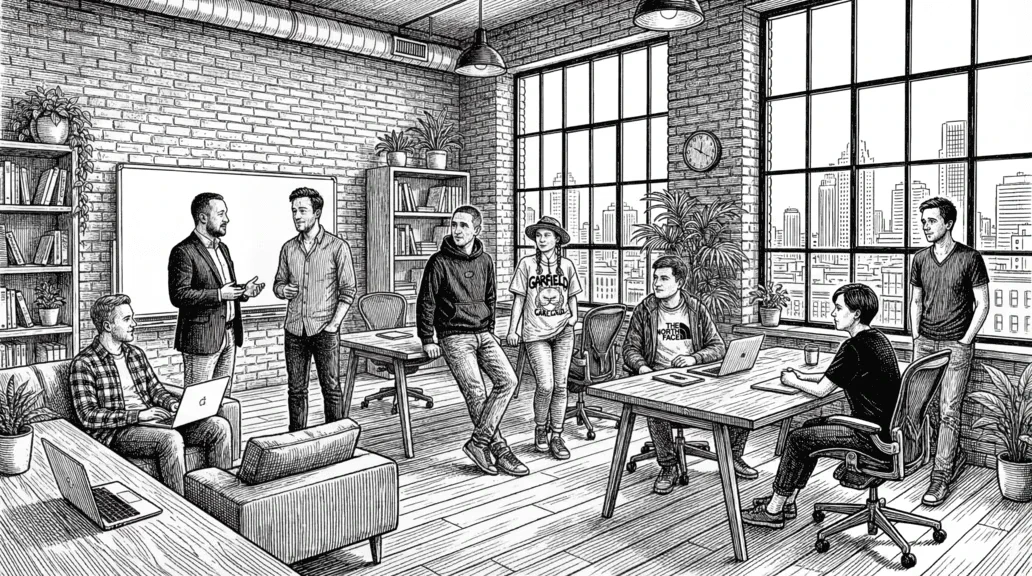 Colleagues working together around a desk in a bright office