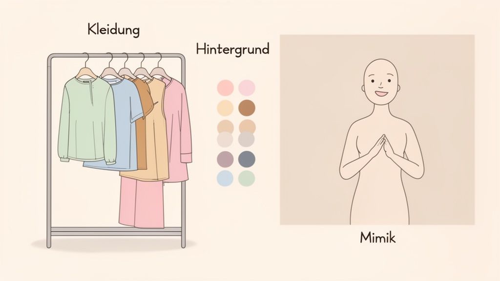 Ein Bild mit Optionen für Kleidung, Hintergrundfarben und Mimik einer Person zur Gestaltung von Avataren.