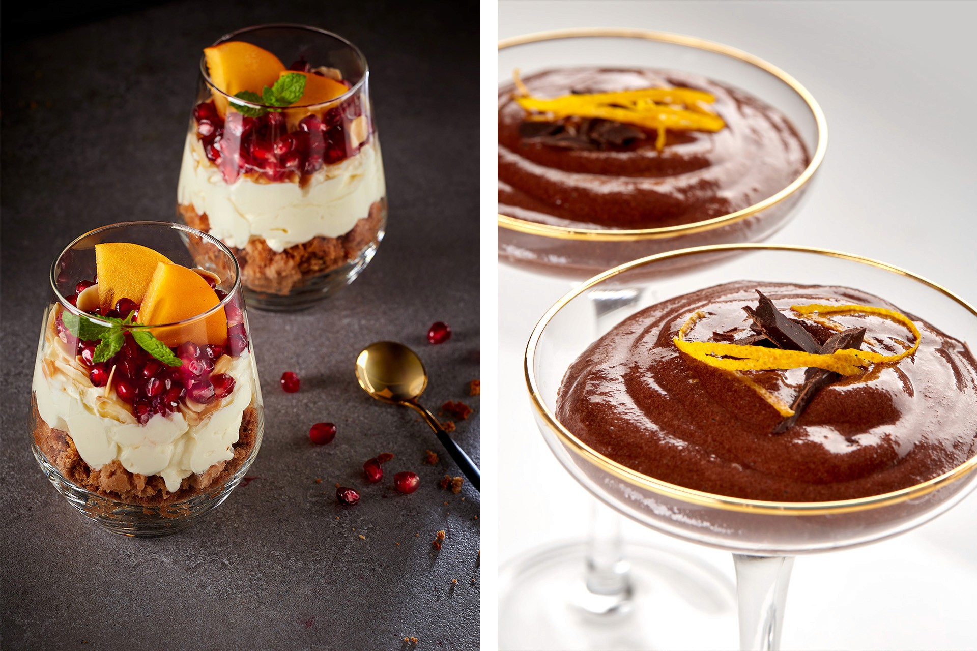 Two elegant desserts are displayed; the left side features layered parfaits with creamy mascarpone, biscuit crumbles, pomegranate seeds, and fresh peach slices in glass cups, while the right side presents rich chocolate mousse topped with orange zest in clear glass bowls.
