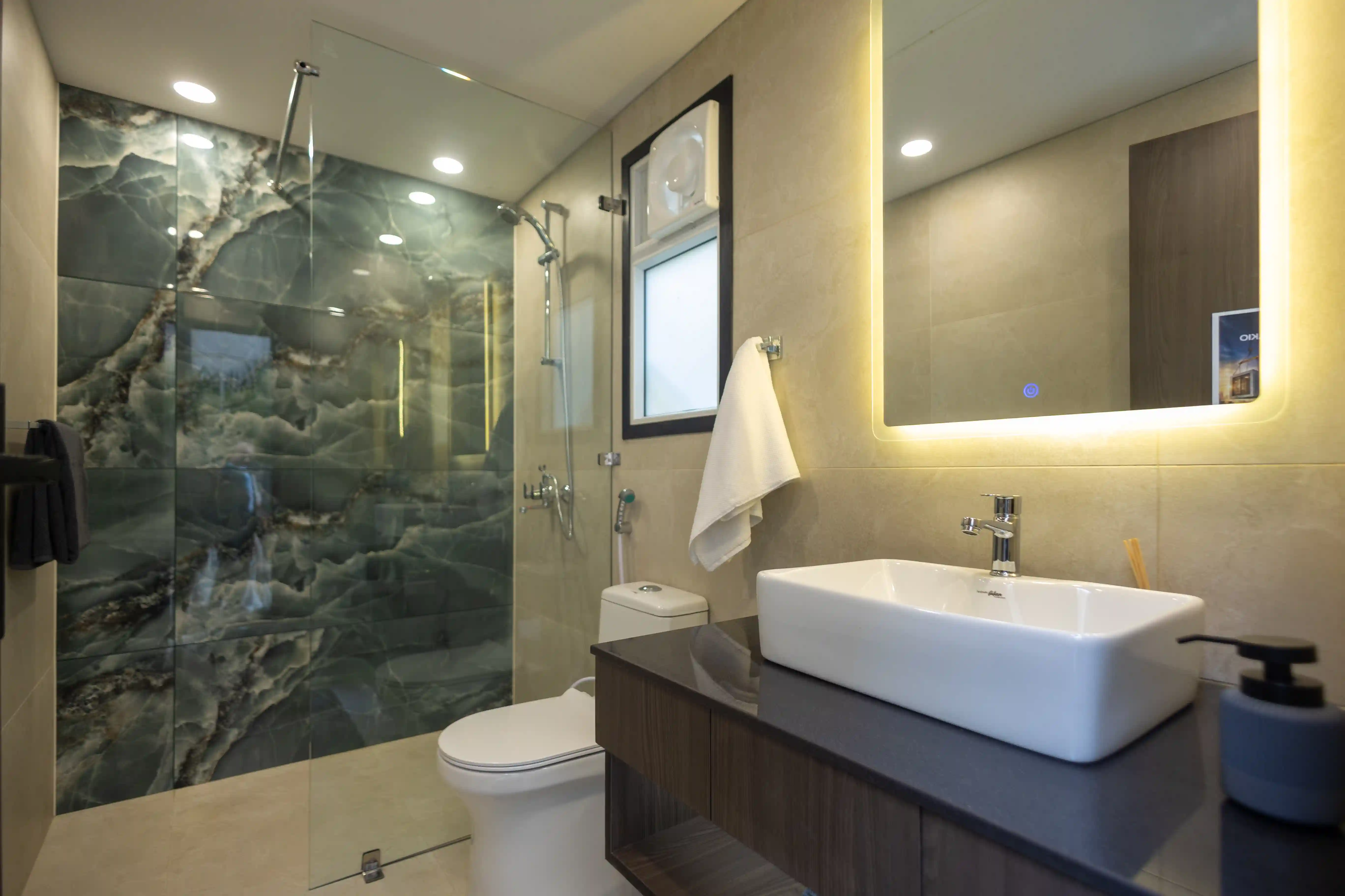 A picture of the finished high-quality interiors of the VAKIO Prefab Bathroom Pod.