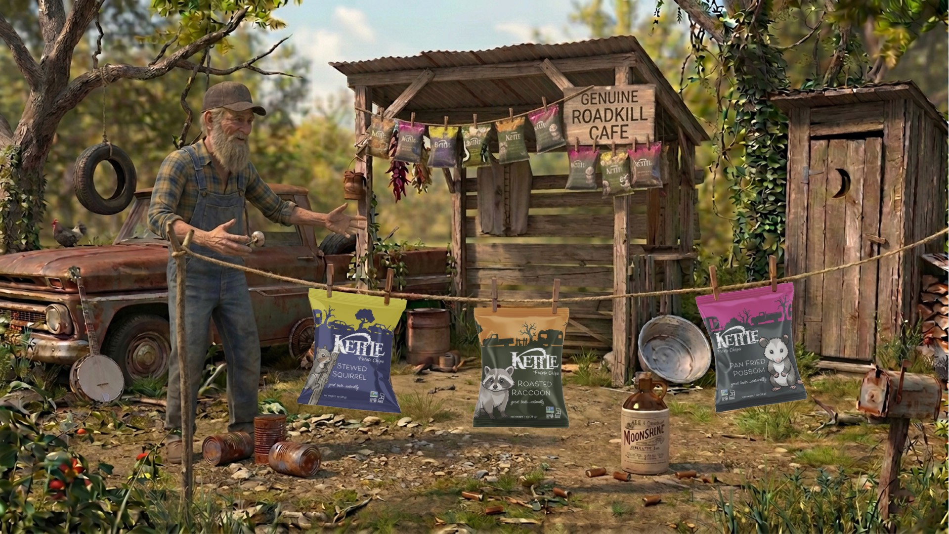three bags of kettle chips hanging from a clothes line above a picnic basket
