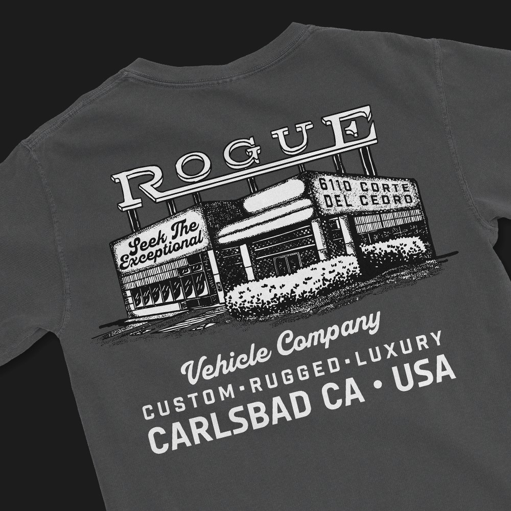 Rogue Vehicle Company black t-shirt with illustrated design