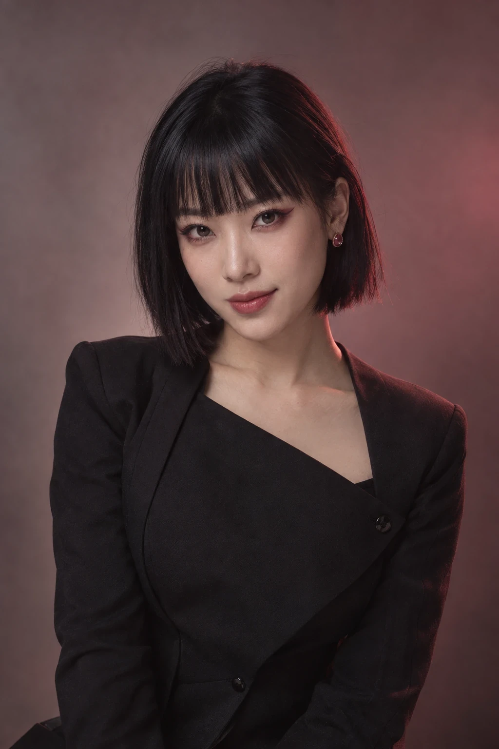 Inès, D’CALOR makeup artist, with a dark bob, straight fringe and an asymmetrical black jacket