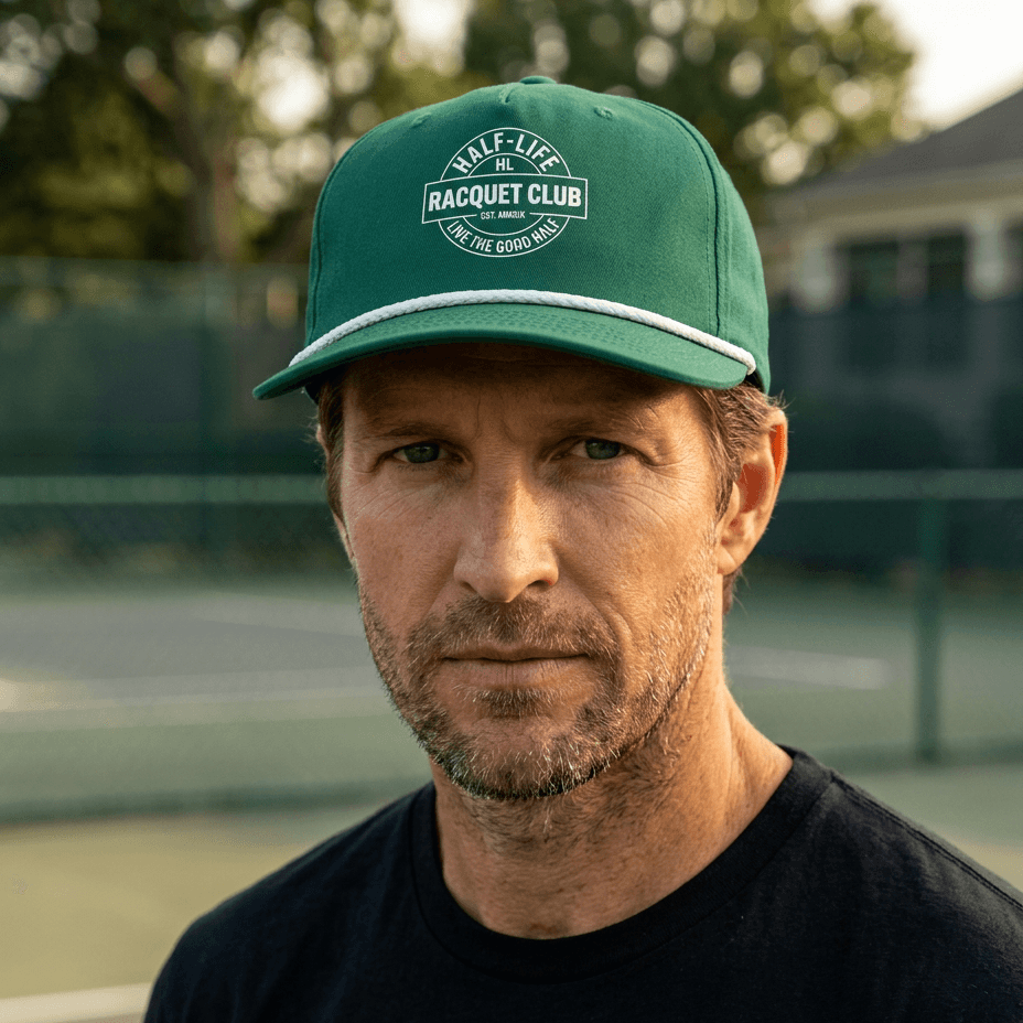 Man wearing a green cap with 'Real Life Racquet Club' logo on a tennis court.