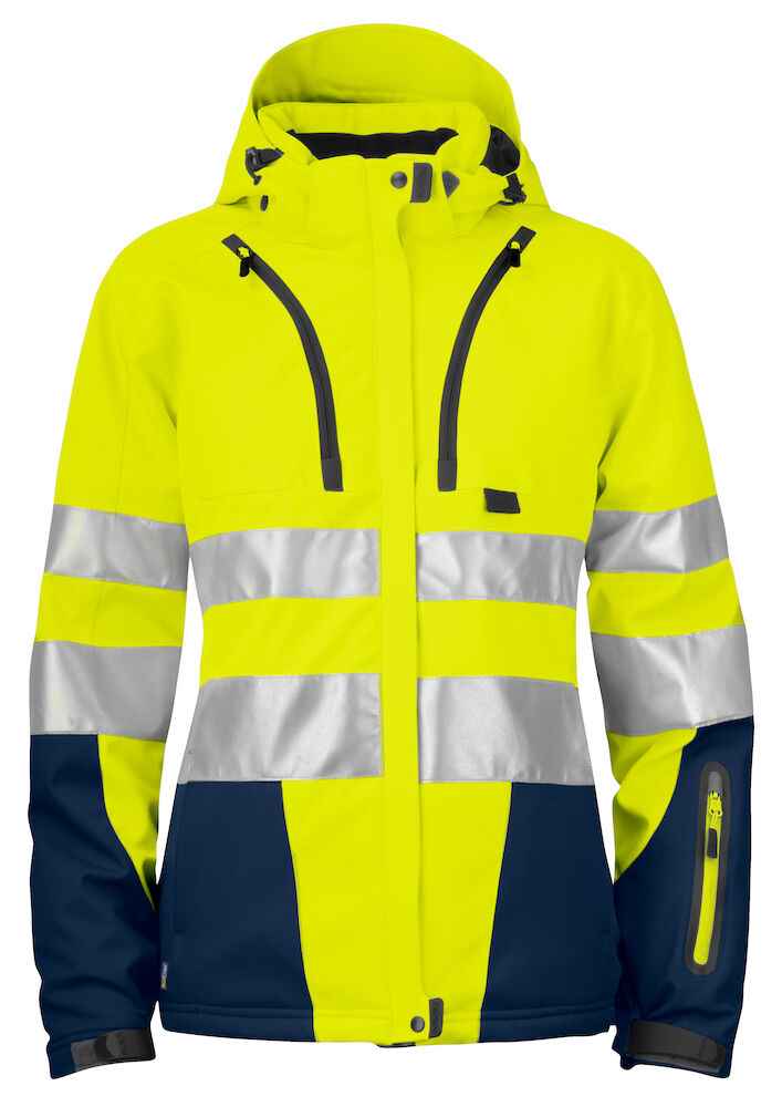 Tussen twee maten bij werkkledij bij Vanatex — Projob Gevoerde Signalisatie Softshell En Iso 20471 Klasse 3 Dames