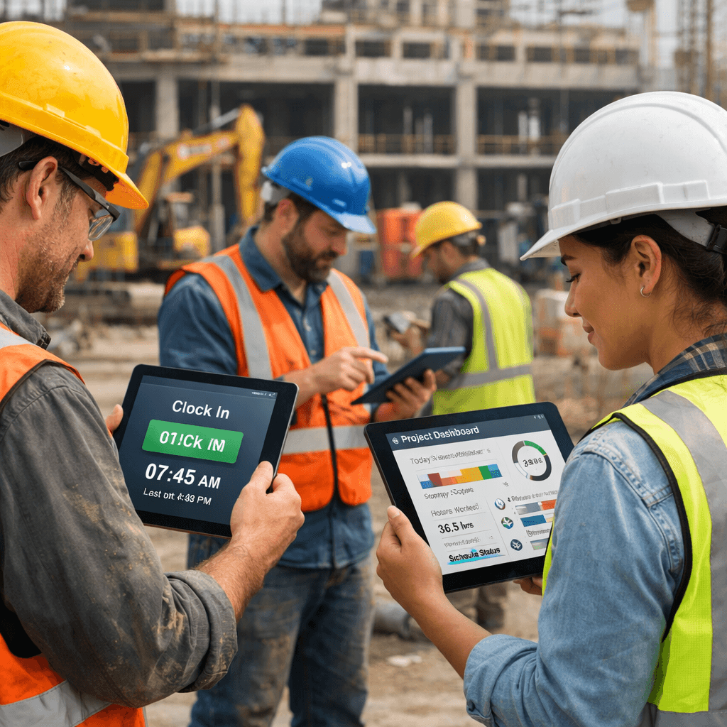 A realistic illustration of a construction crew using tablets on a busy job site, showing time clocks and project dashboards. Alt: construction crew using digital time tracking tools