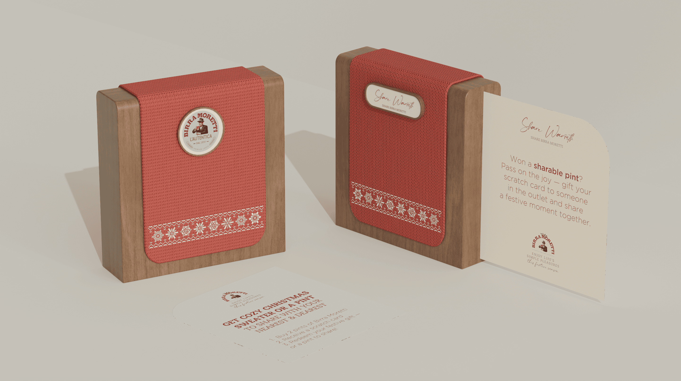 Birra Moretti holiday table tent featuring festive design elements and seasonal branding on the restaurant table