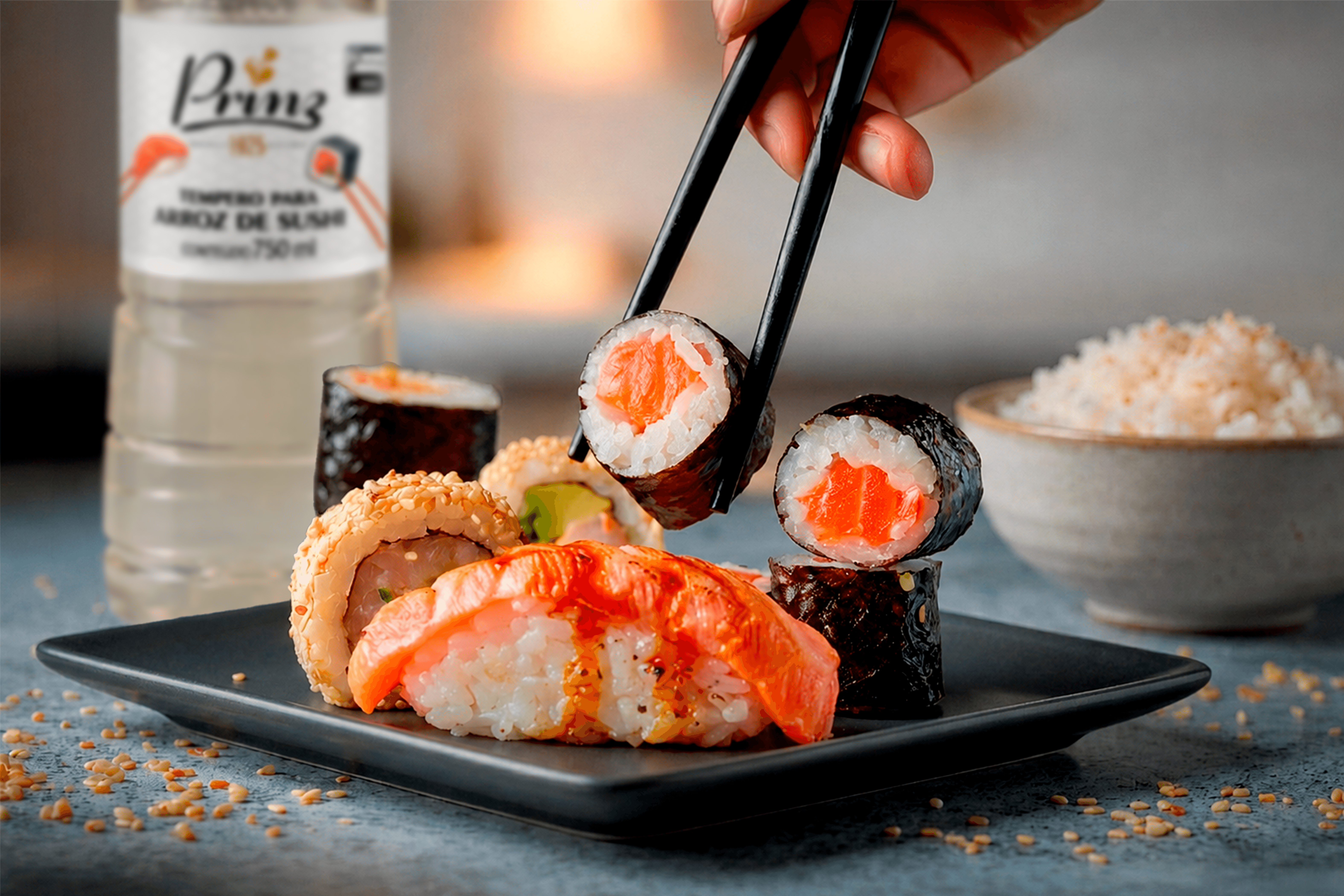 tempero para arroz de sushi embalagem de 750ml ao fundo. prato com sushi em primeiro plano