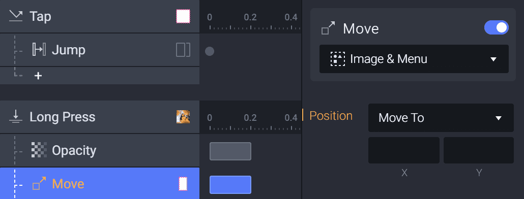 Add a Move response attached to Image & Menu under the Long Press trigger.