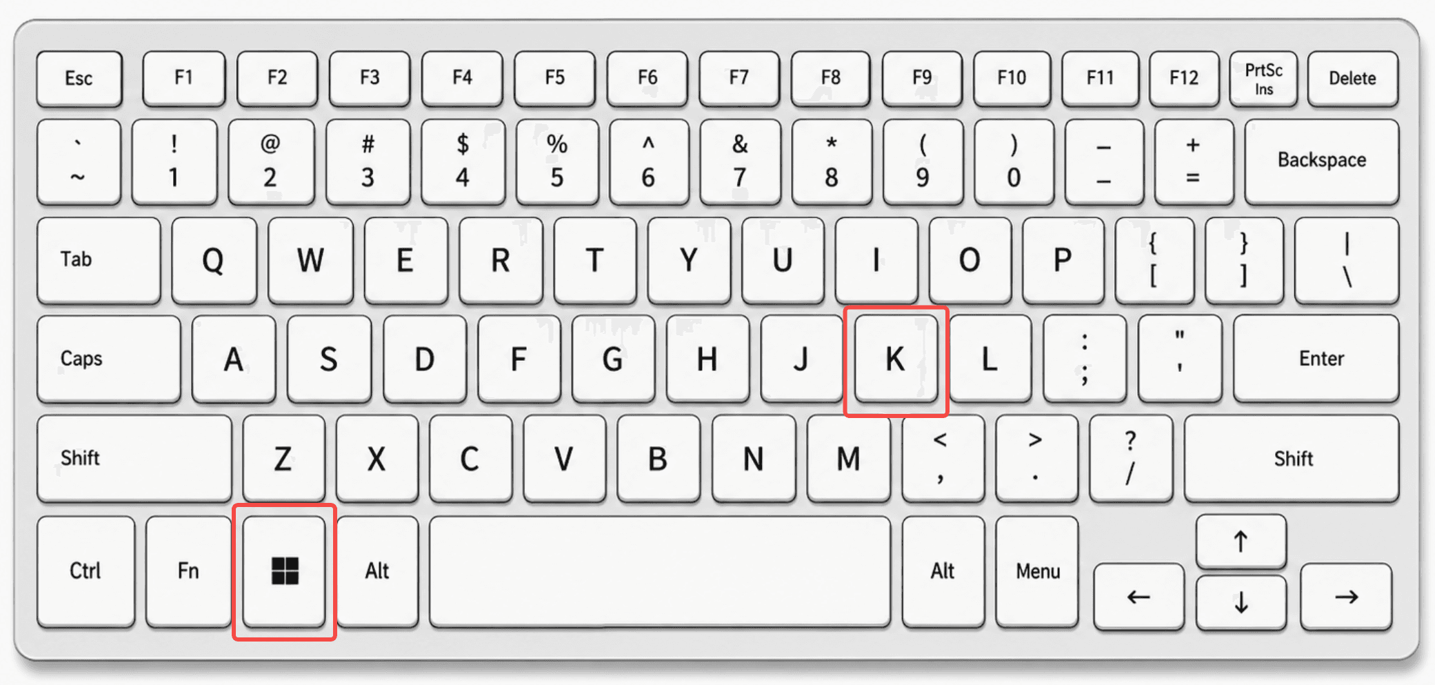 Keyboard close-up with the Windows key and the K key highlighted in red — press Windows logo key + K to connect via Miracast