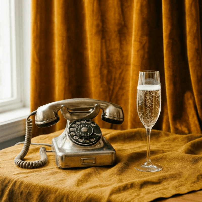 Image of a silver phone next to a champagne glass on a yellowish-orange drape.