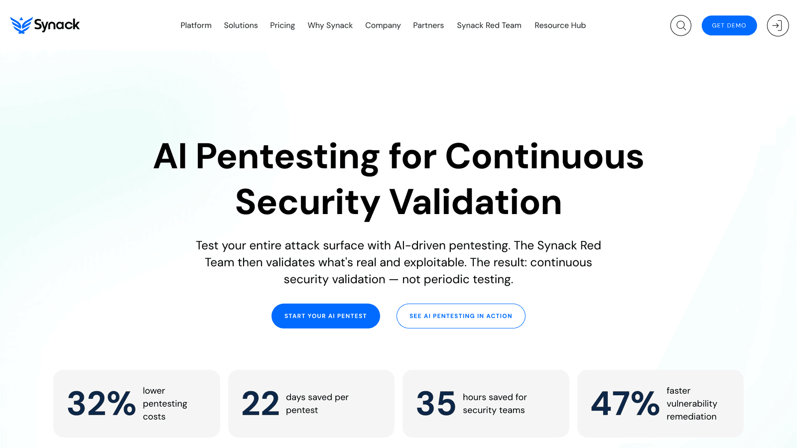Synack homepage headlined AI Pentesting for Continuous Security Validation