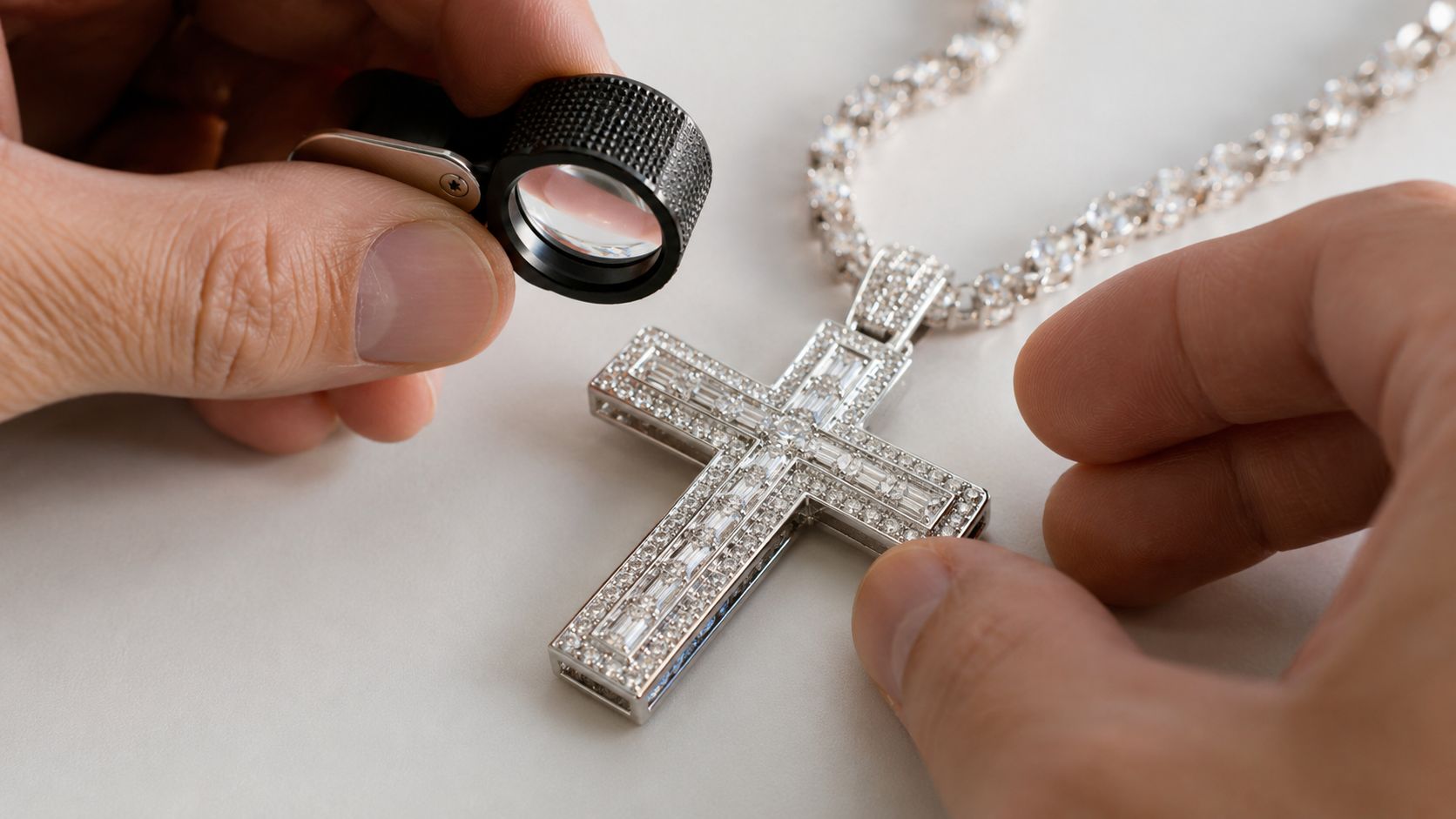 A jeweler carefully inspects a diamond-encrusted cross pendant and chain with a magnifying glass.