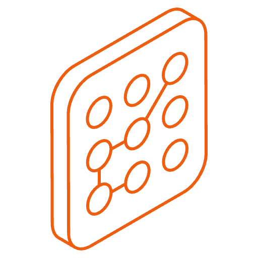 Icon of interconnected nodes and lines, representing algorithms or data processing systems.