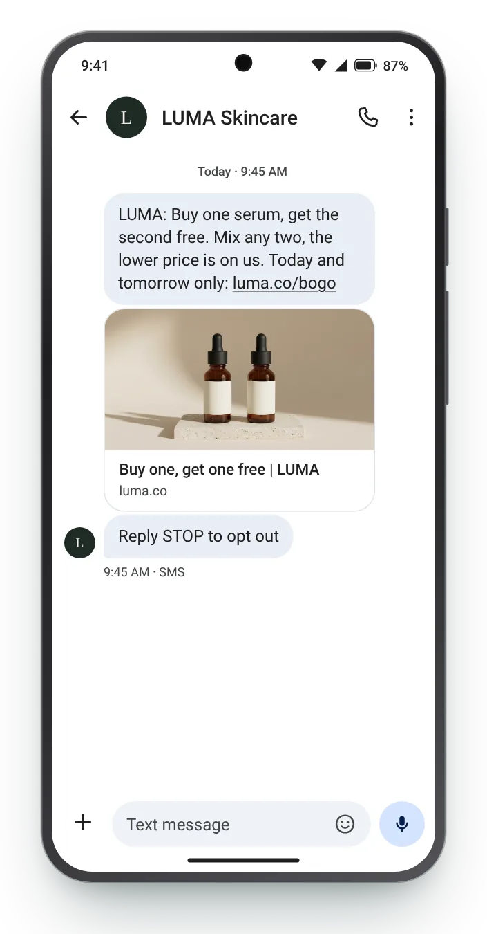 Buy one, get one free promotional SMS on an Android phone