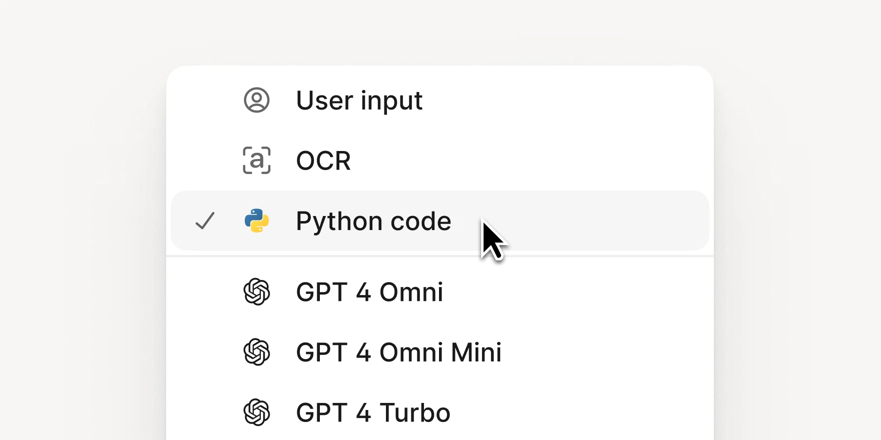 Drop down box selecting "python code" in V7 Go