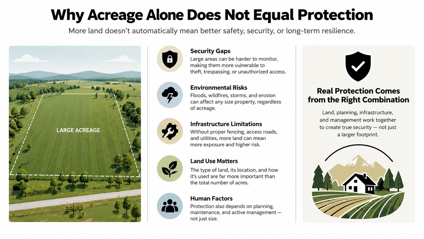 An infographic explaining why large land acreage does not guarantee safety, security, or environmental resilience.
