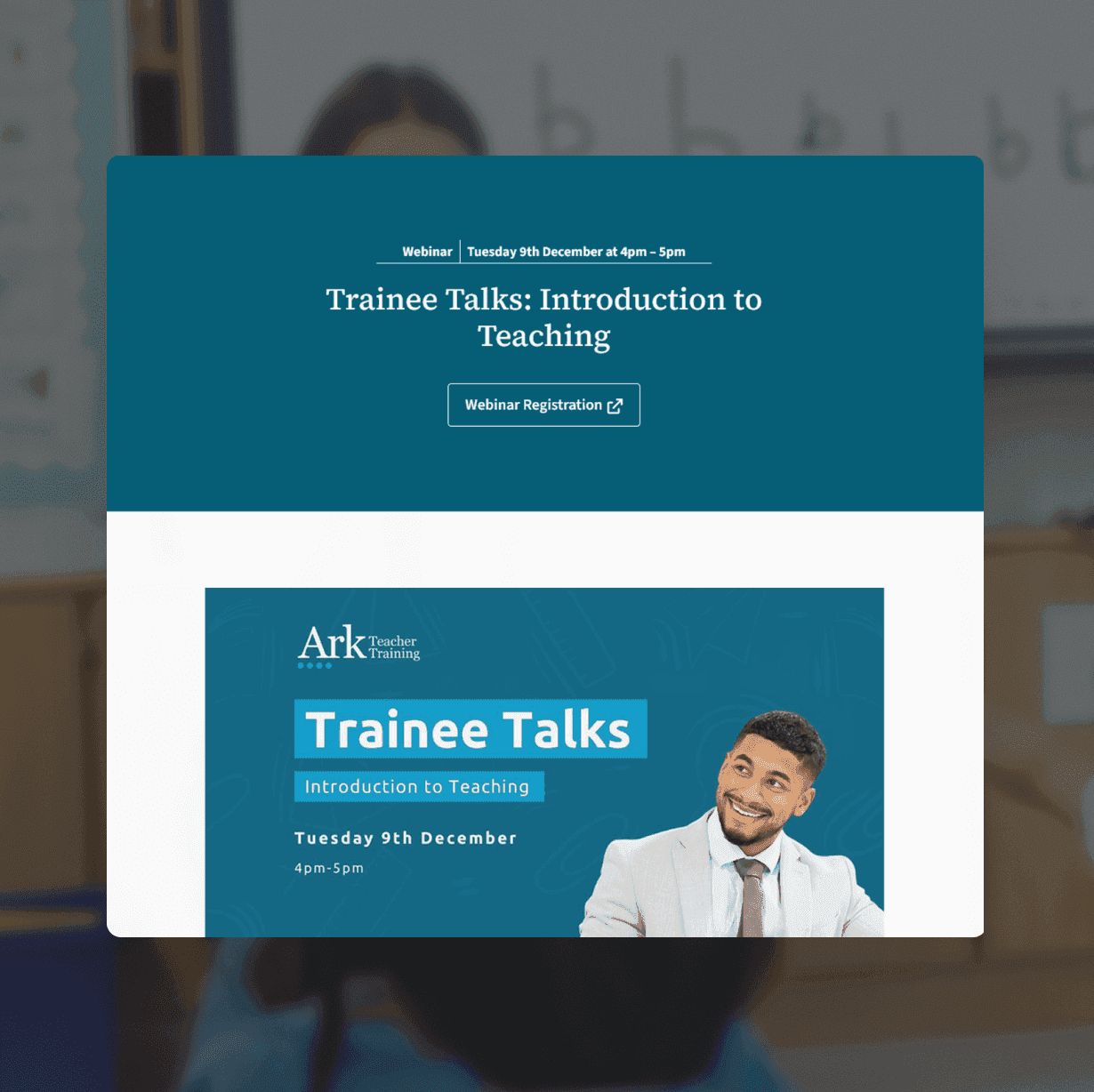 Ark Teacher Training Trainee Talks page featuring an introduction to teaching video series with a presenter photograph and teal branded banner
