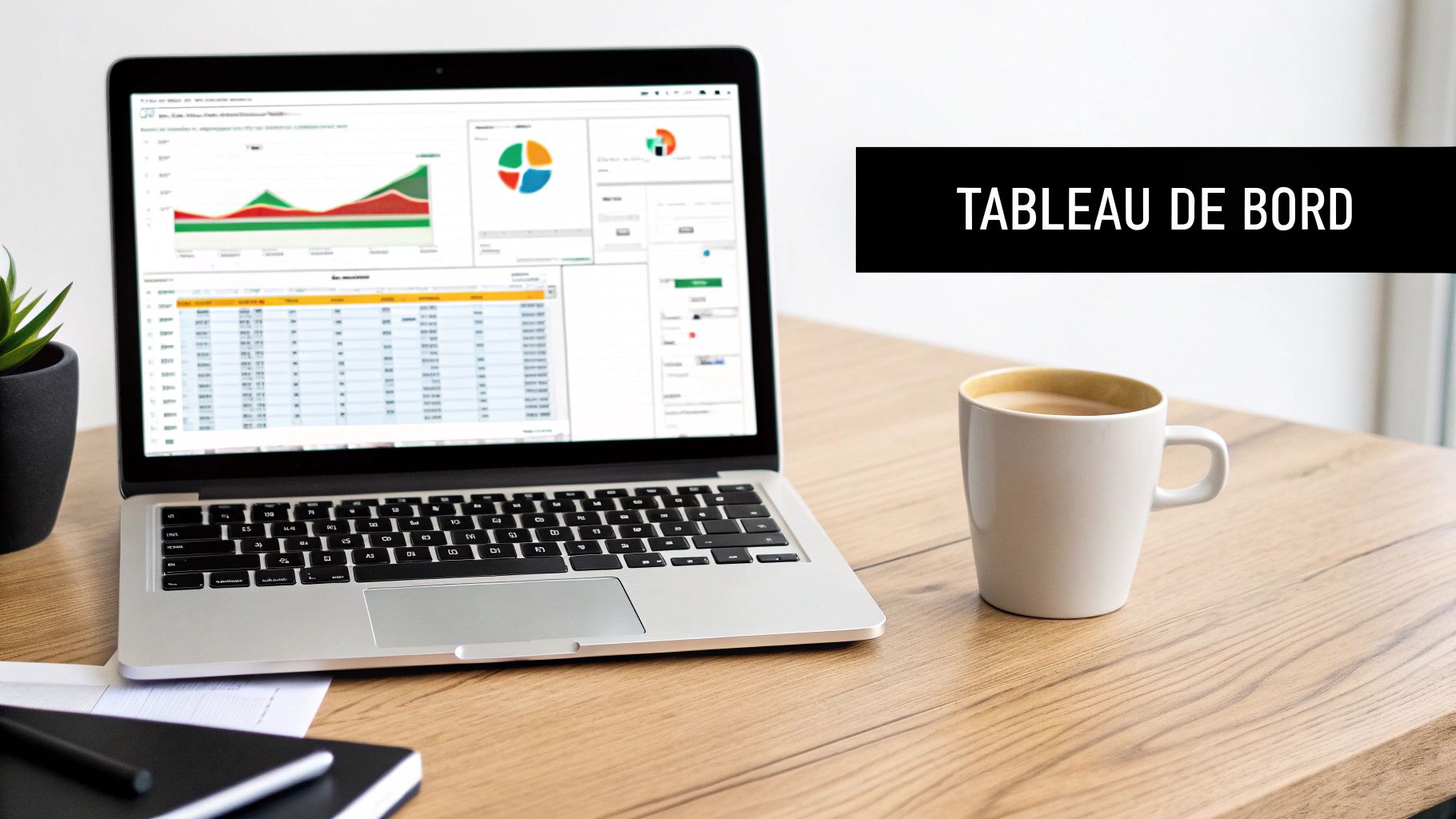 Ordinateur portable affichant un tableau de bord Excel, une tasse de café et des fournitures sur un bureau en bois.