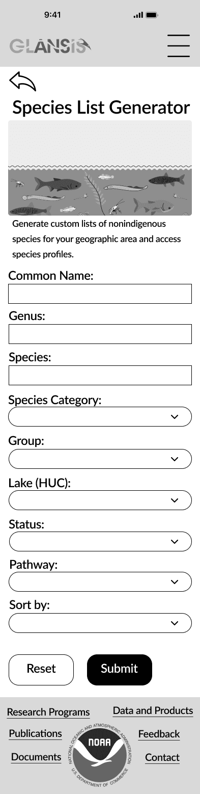 My first wireframe for the species list generator page in the GLANSIS redesign