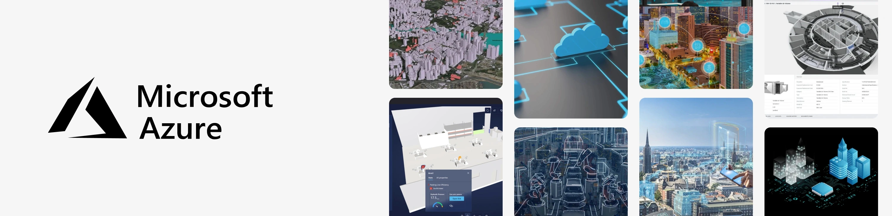 Microsoft Azure logo beside illustrations of cloud infrastructure, connected data networks and a 3D city model.