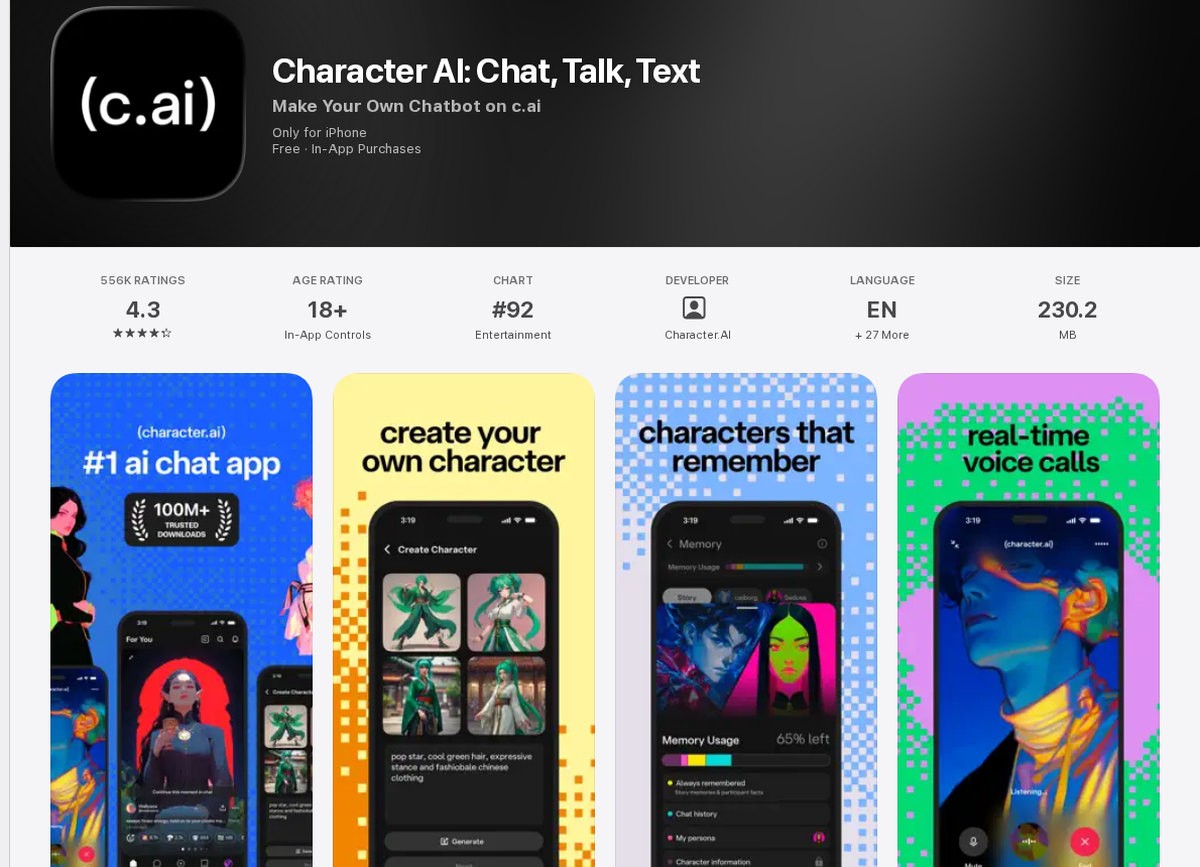 Character.AI’s App Store listing, rated 18+ although explicit content remains prohibited, September 2026.