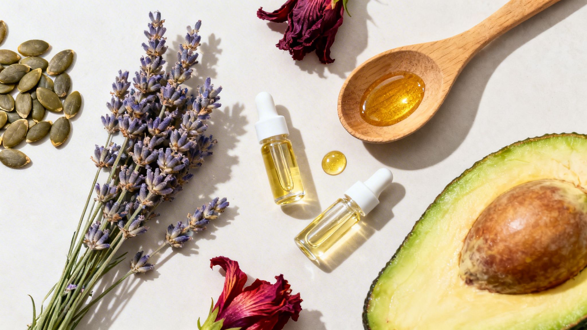 Overhead shot of natural beauty ingredients: pumpkin seeds, lavender, avocado, essential oils, and a dried flower.