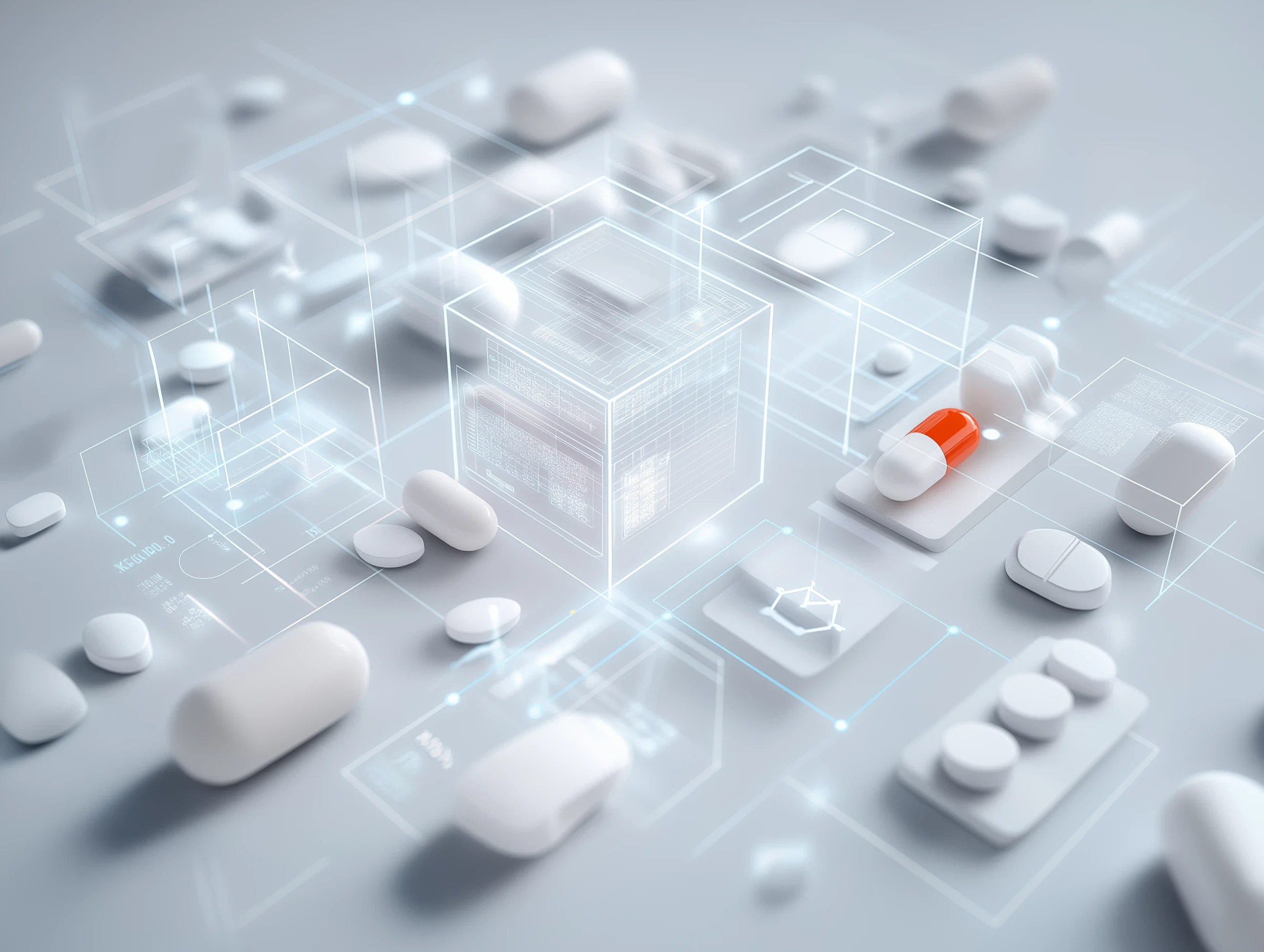 3D visualization of FDA-approved biotech digital systems — pills, holographic data grids, and AI-enabled infrastructure for launch readiness.