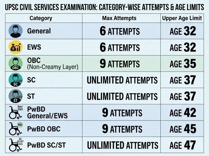UPSC attempts and age limit table for General, OBC, SC, ST, EWS and PwBD categories