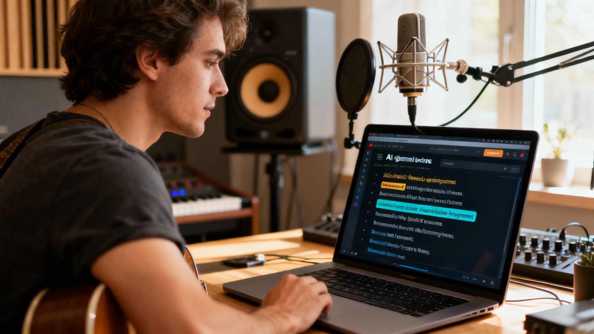 A songwriter looking inspired while using a tablet to write lyrics, representing the spark of creativity.