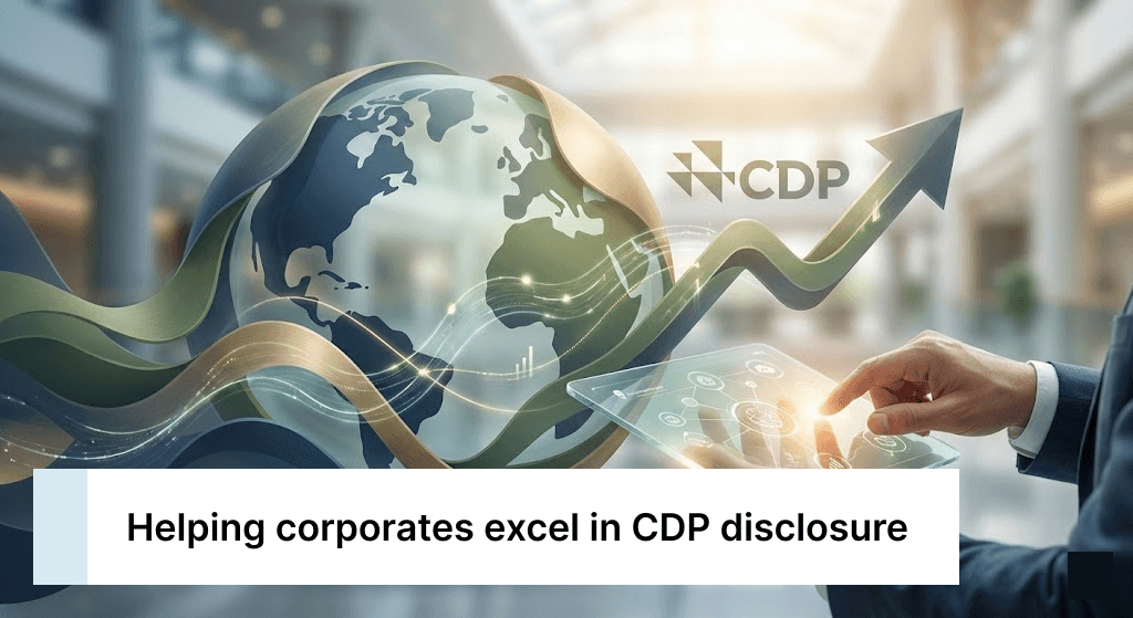 Abstract visualization of CDP disclosure strategy, featuring a digital interface, a stylized globe, and an upward growth arrow representing improved sustainability scores.