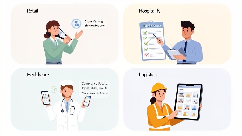 Illustrations of workers in retail, hospitality, healthcare, and logistics using software for efficiency.
