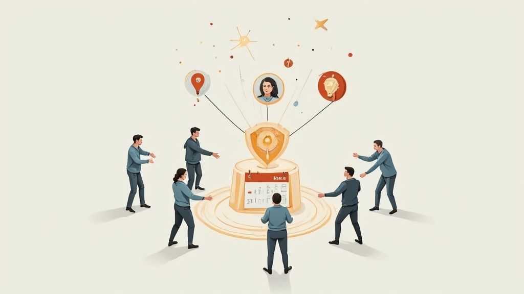 Several engineers collaborating in a well-lit, calm office space, representing a healthy work environment.