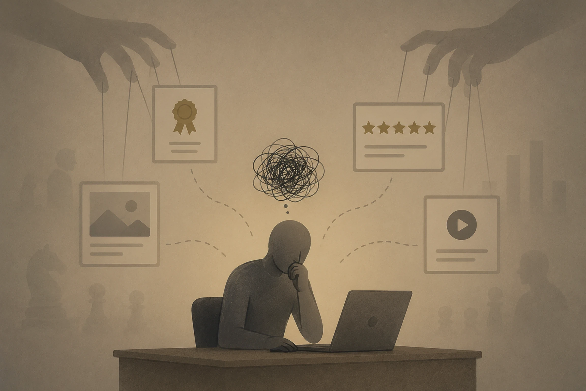 Illustration of a buyer overwhelmed by subtle trust signals, evaluating multiple premium service cues before making a decision.