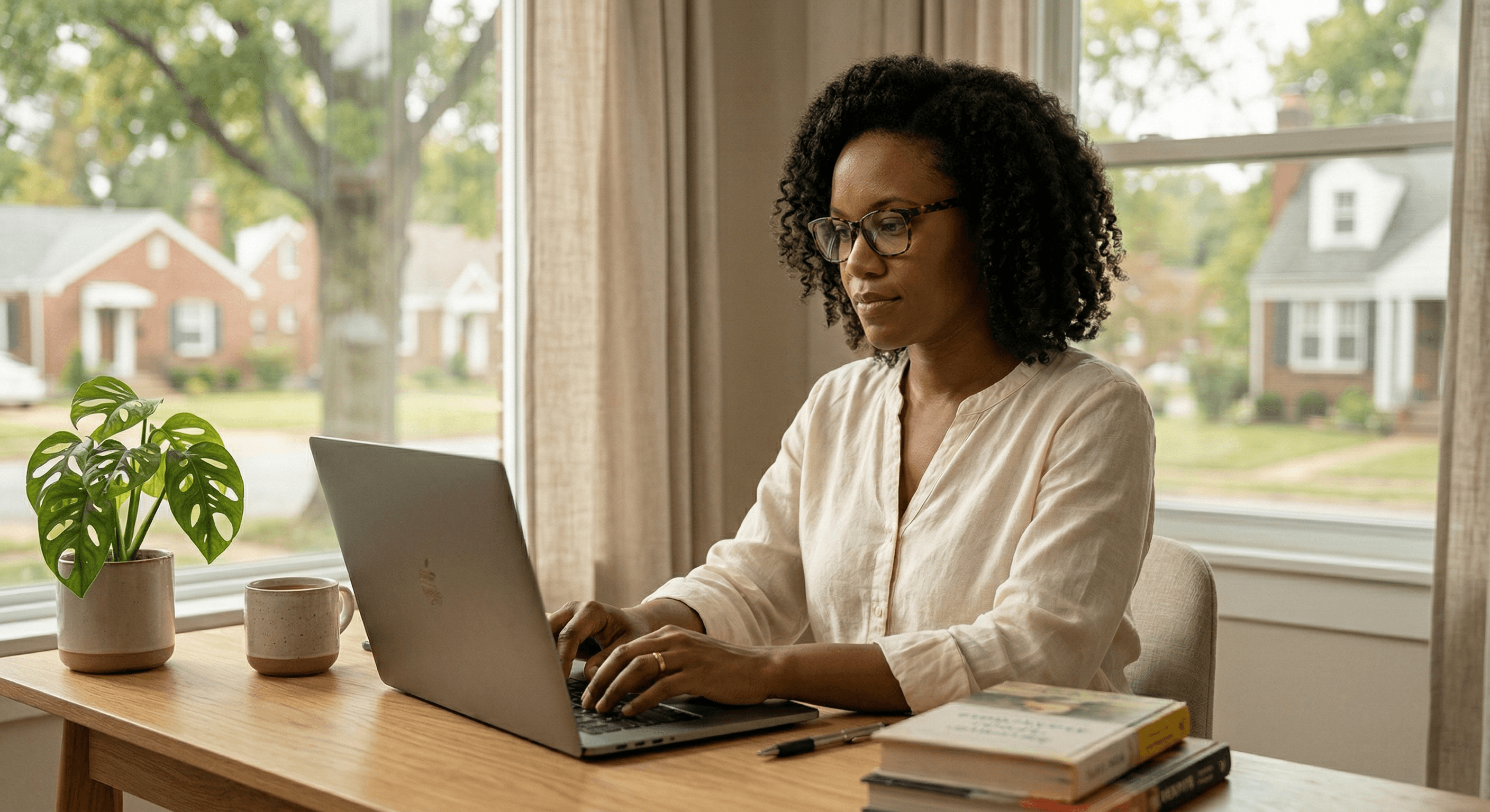 Woman working from home at a calm, organized desk as a remote work accommodation for a mental health condition