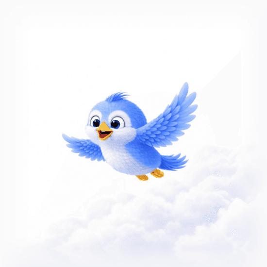 A happy blue bird flying through bright, fluffy clouds with wings spread wide.
