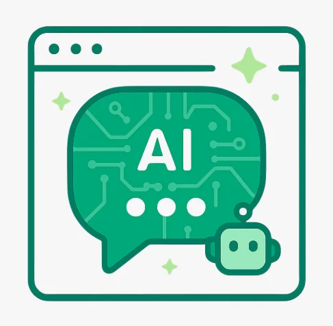 Icône assistant chatbot IA site web - Bulle conversation verte robot intelligence artificielle 24/7