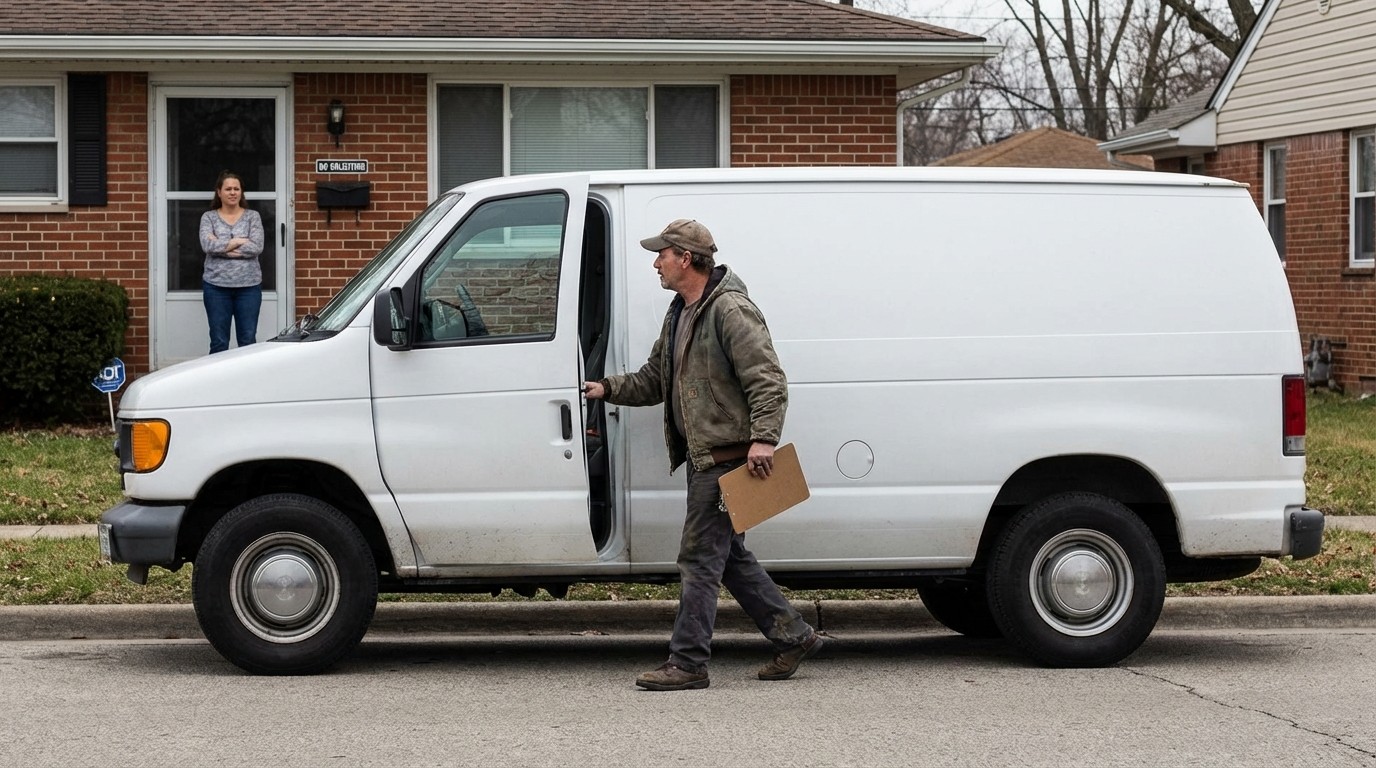 Roofing scams warning - suspicious contractor approaching homeowner