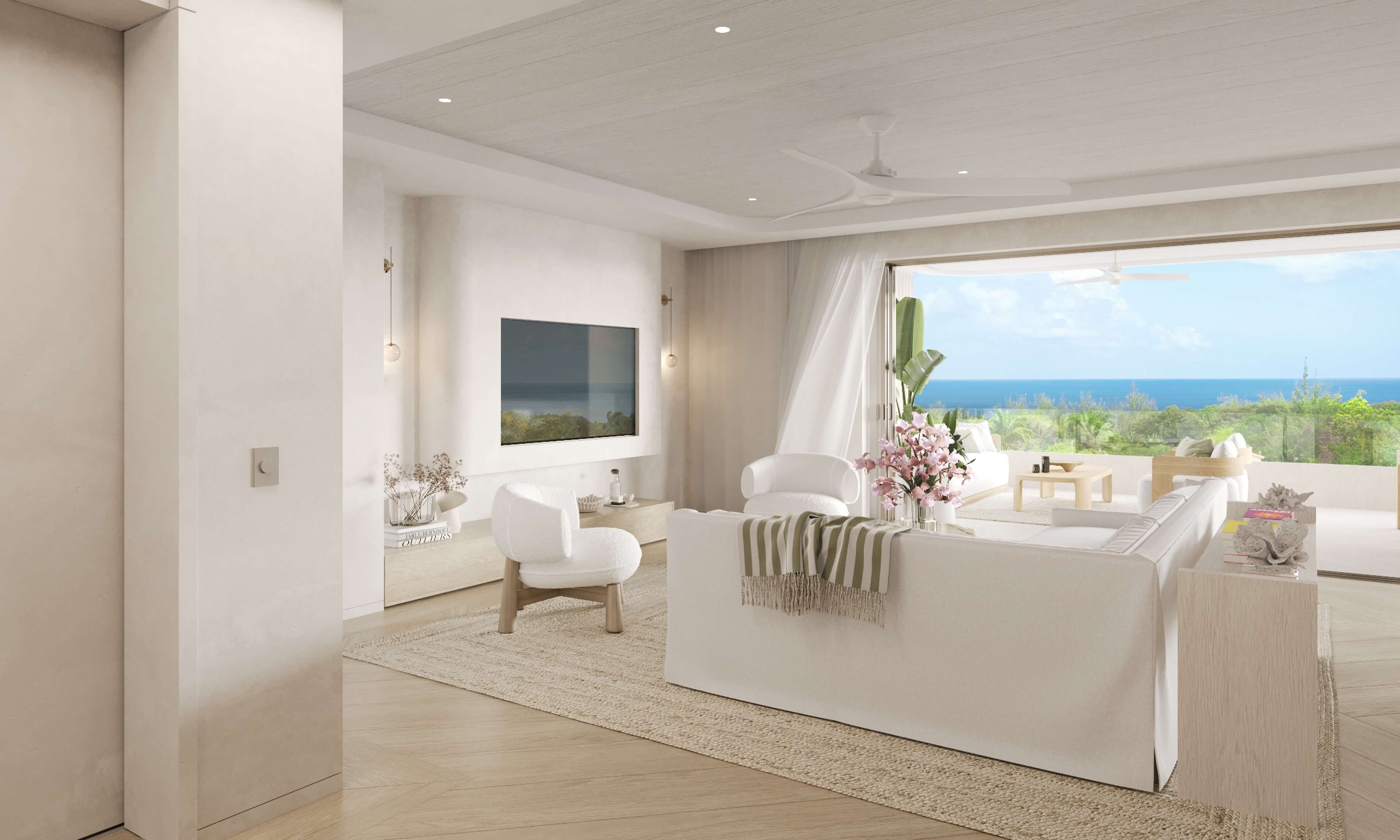 Modern living room with large windows showcasing a scenic outdoor view.